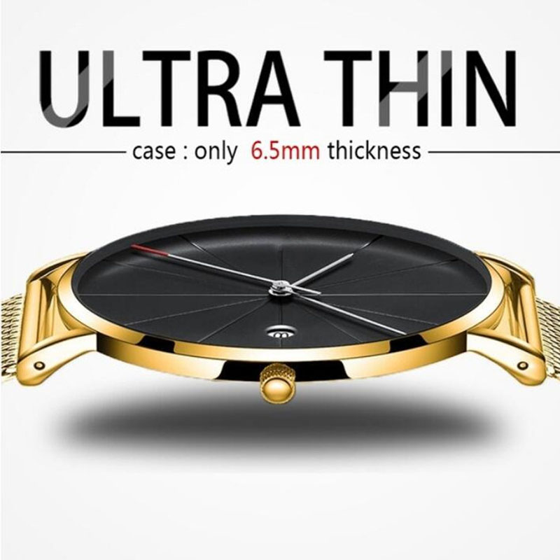 Dress Watch Ultra Thin - 高級メンズウォッチ,超薄型,ステンレススチール,メッシュ,クォーツ,カジュアル