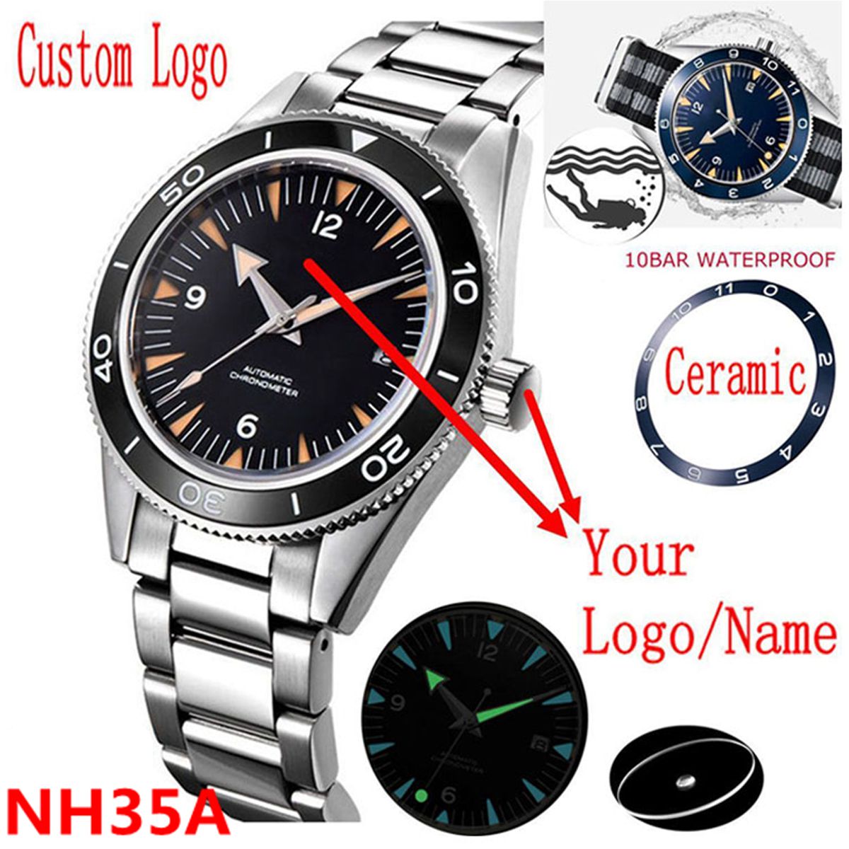 Luxury Watch Logos - カスタムロゴ NH35 ムーブメント腕時計 10bars メンズ 41
