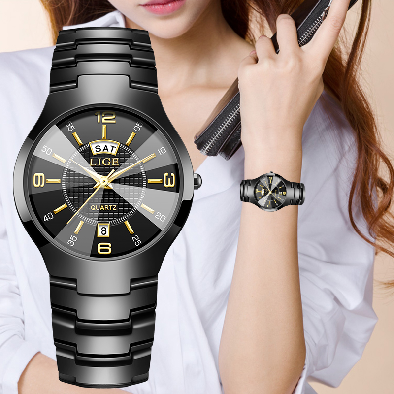 Luxury Watch Display - LIGE ファッションエレガントな女性の腕時計高級セラミックストラップ自動日付週防水小さなダイヤルクォーツ時計女性のためのギフト