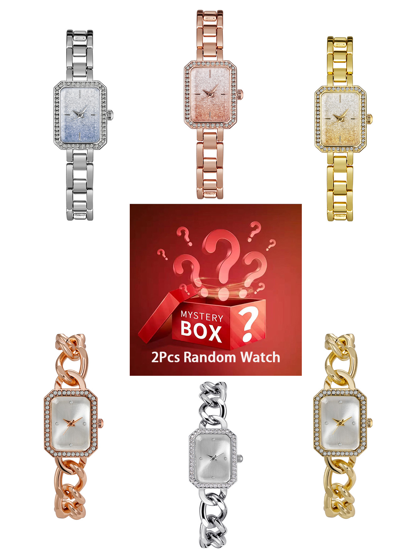 Luxury Watch Diamond - 2個入り レディース腕時計 ミステリーボックス ランダム発送 クォーツ腕時計 小型スクエアブロック