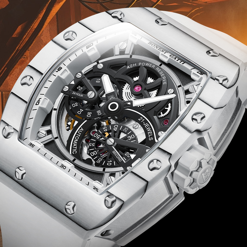 Luxury Watch Second Hand - BONEST GATTI メンズ機械式時計 トノー型カーボンファイバーケース ラバーストラップ スモールセコンドダイヤル