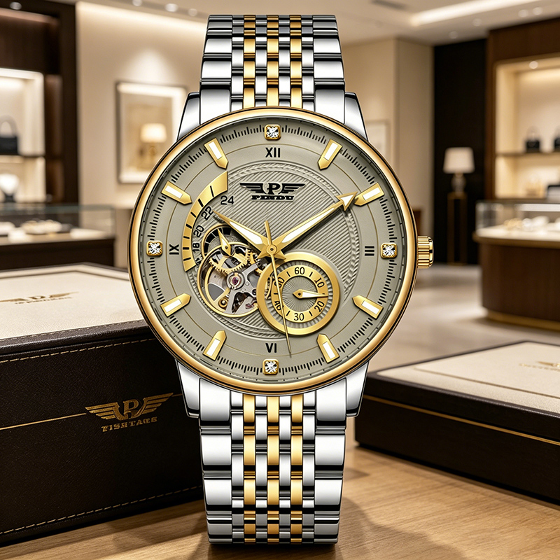 Luxury Watch Second Hand - PINDU 高級メンズ腕時計ヴィンテージファッションクラシックステンレススチールブレスレットダブルセコンドデュアルタイムラウンド機械式腕時計