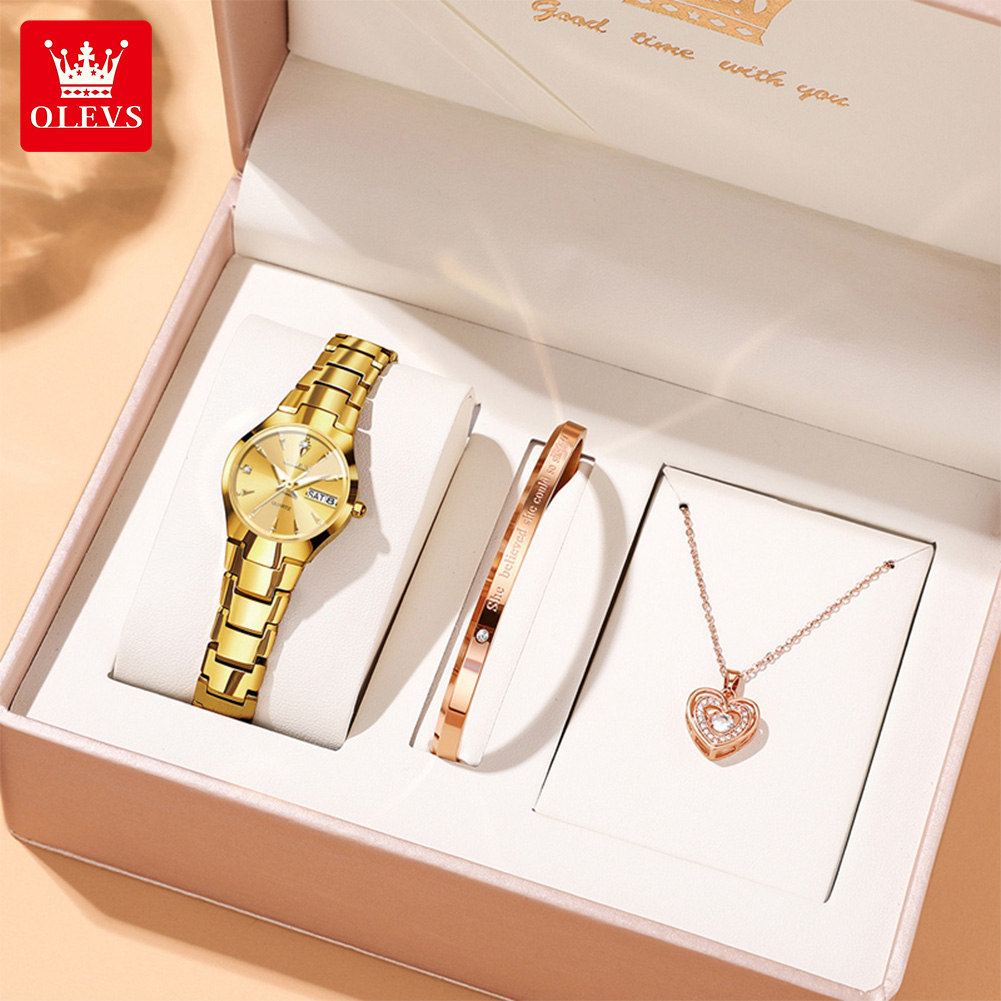 Luxury Watch Display - OLEVSレディース腕時計8697高級エレガントクォーツ腕時計防水タングステン鋼デイデイト腕時計女性用腕時計ブレスレットセット