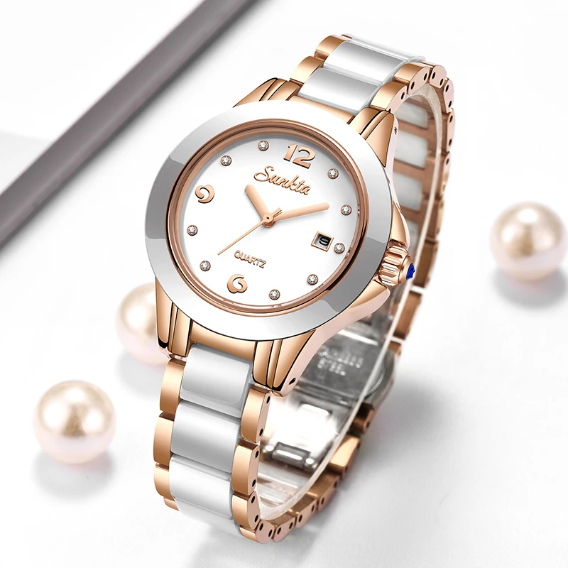 Luxury Watch Diamond - Sunkta ファッションカジュアルクォーツ女性腕時計エレガントな高級セラミックダイヤモンドカレンダー防水レディース女性用腕時計モントレファム