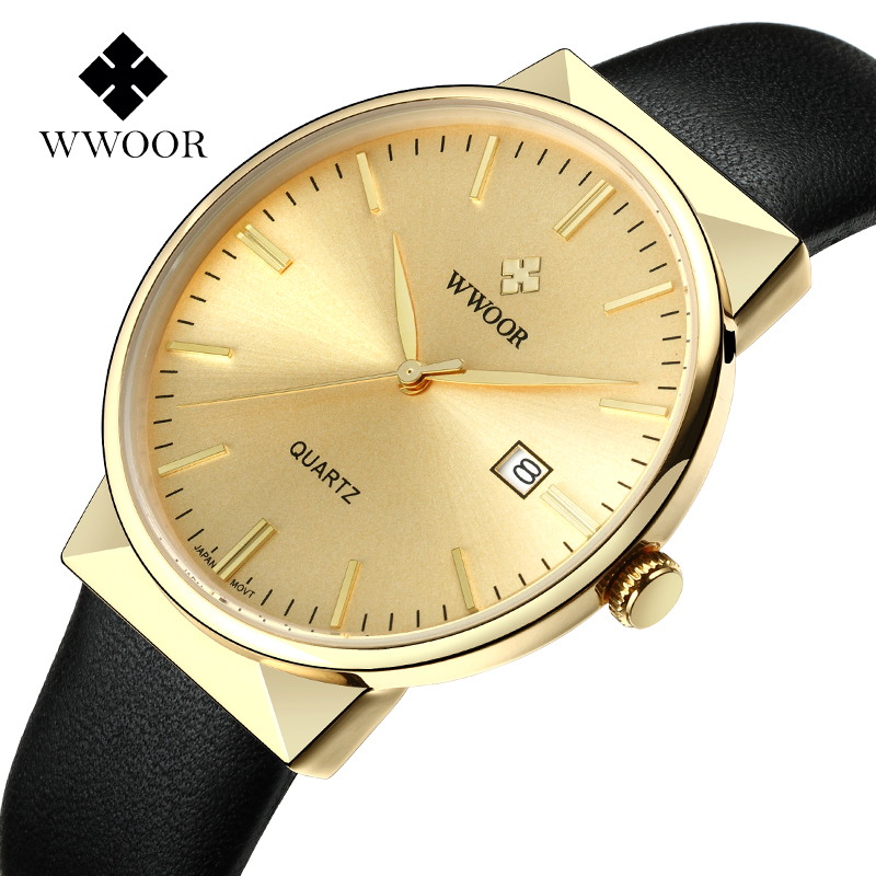 Dress Watch Ultra Thin - WWOOR メンズ腕時計トップブランドの高級防水本革腕時計メンズクラシックゴールドブラック日付クォーツ時計 saat erkek
