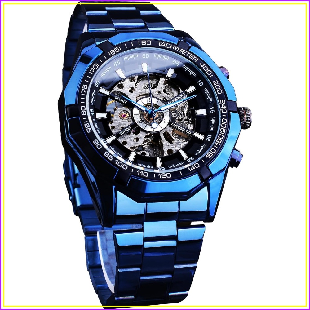 Luxury Watch Image - メンズ機械式時計 スケルトン 自動巻き ブルーブラック ステンレススチールバンド 防水