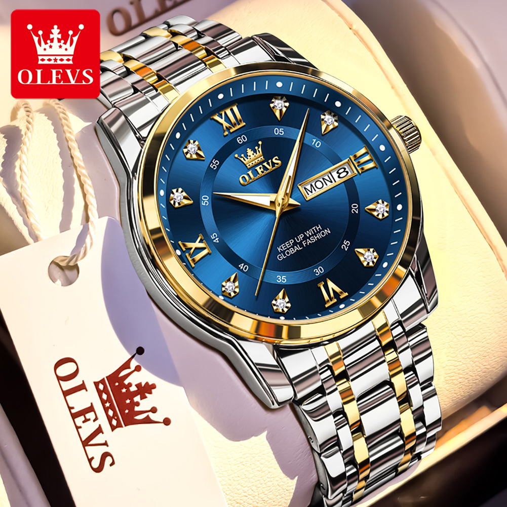 Luxury Watch Logos - OLEVS ブランドファッションメンズ腕時計ステンレス鋼防水クォーツ腕時計発光オリジナル腕時計男性用デュアルカレンダー