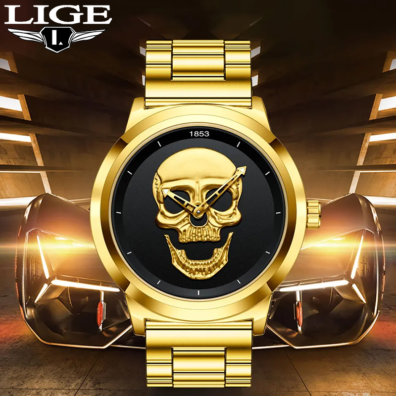 Luxury Watch Holder For Men - Lige-男性用クォーツ腕時計,スケルトン,クリエイティブ,3D,頭蓋骨,ステンレス鋼,防水,スポーツ時計,カジュアル,ボックス,高級トップブランド