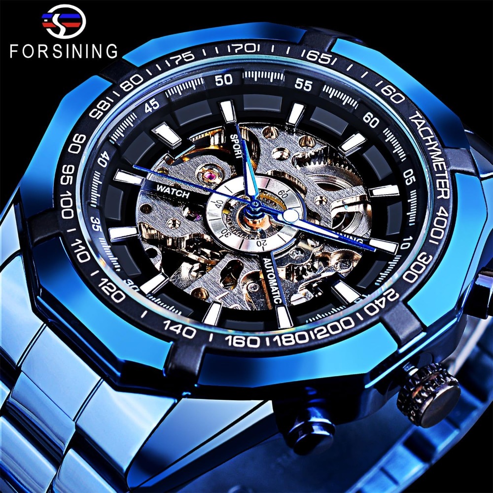 メンズ機械式時計 スケルトン 自動巻き ブルーブラック ステ - Luxury Watch Image のレビューと価格
