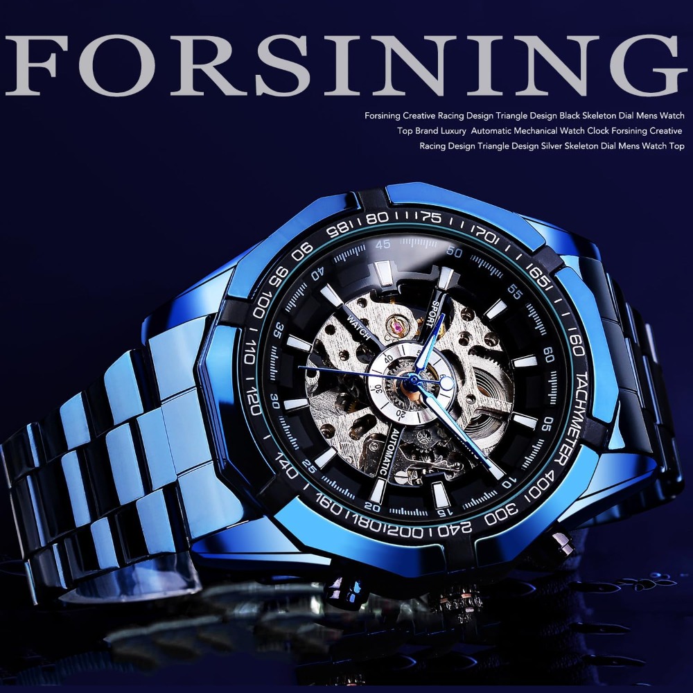 メンズ機械式時計 スケルトン 自動巻き ブルーブラック ステ - Luxury Watch Image のレビューと価格