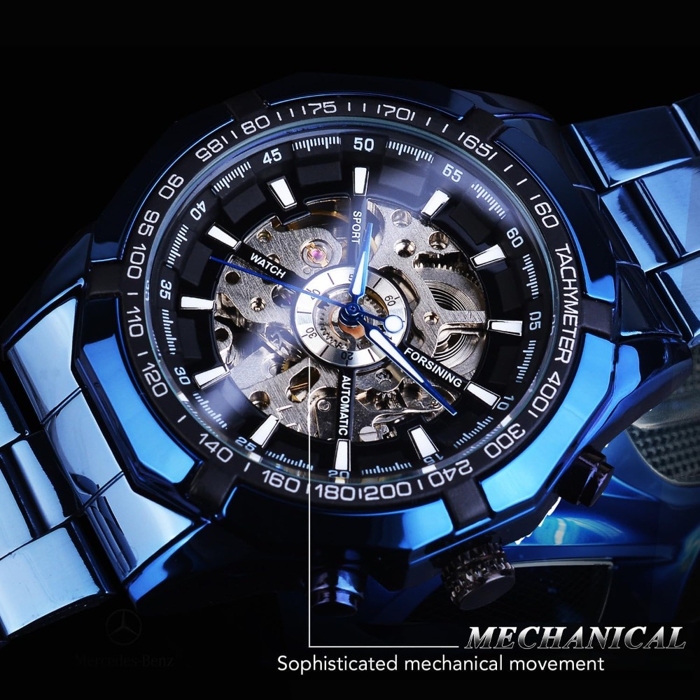 メンズ機械式時計 スケルトン 自動巻き ブルーブラック ステ - Luxury Watch Image のレビューと価格