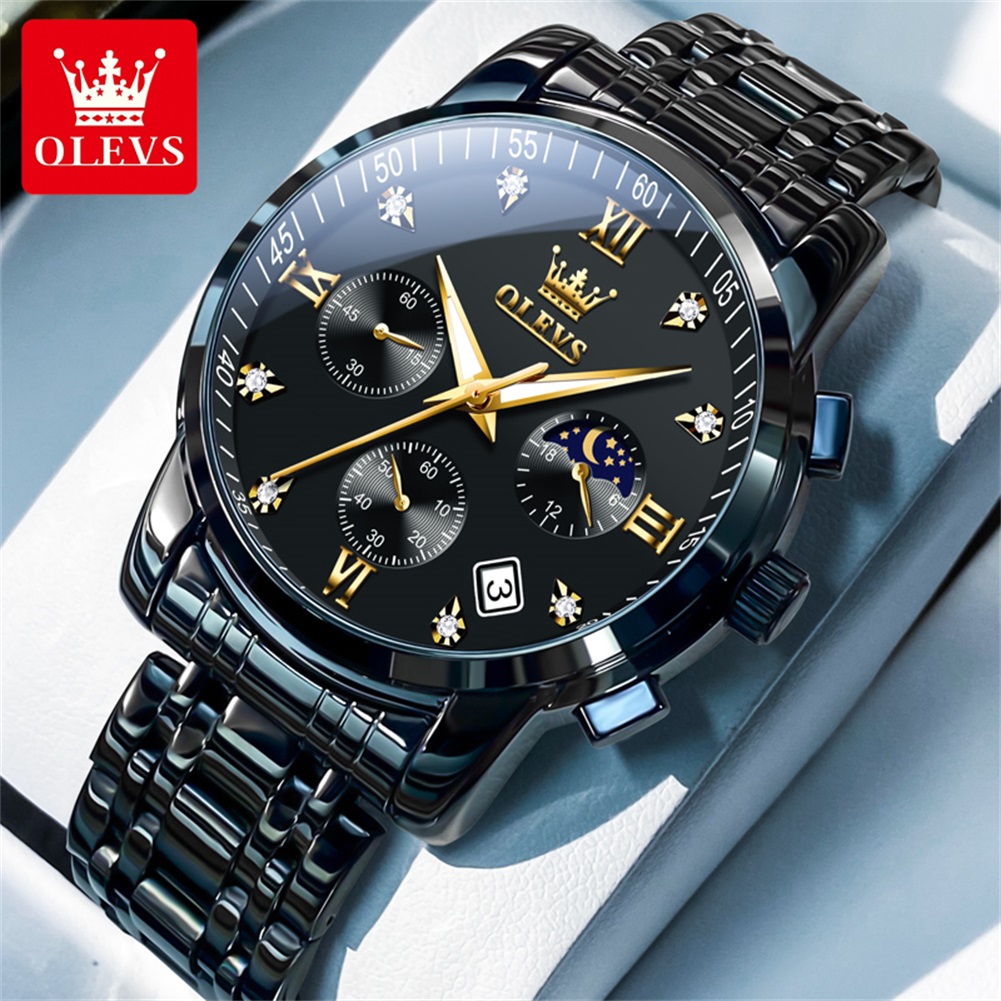OLEVS 人気のメンズ腕時計ステンレススチールブラックムー - Luxury Watch Logos のレビューと価格