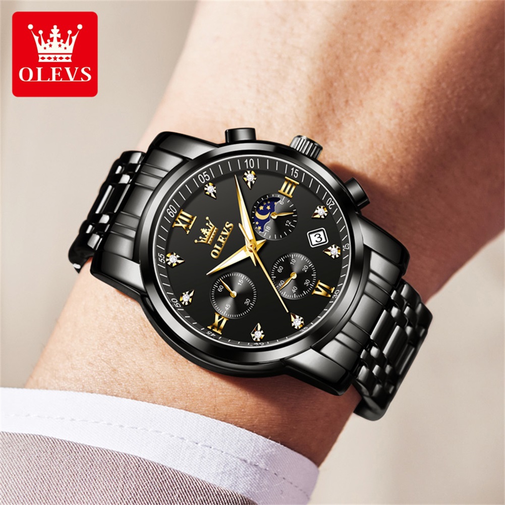 OLEVS 人気のメンズ腕時計ステンレススチールブラックムー - Luxury Watch Logos のレビューと価格